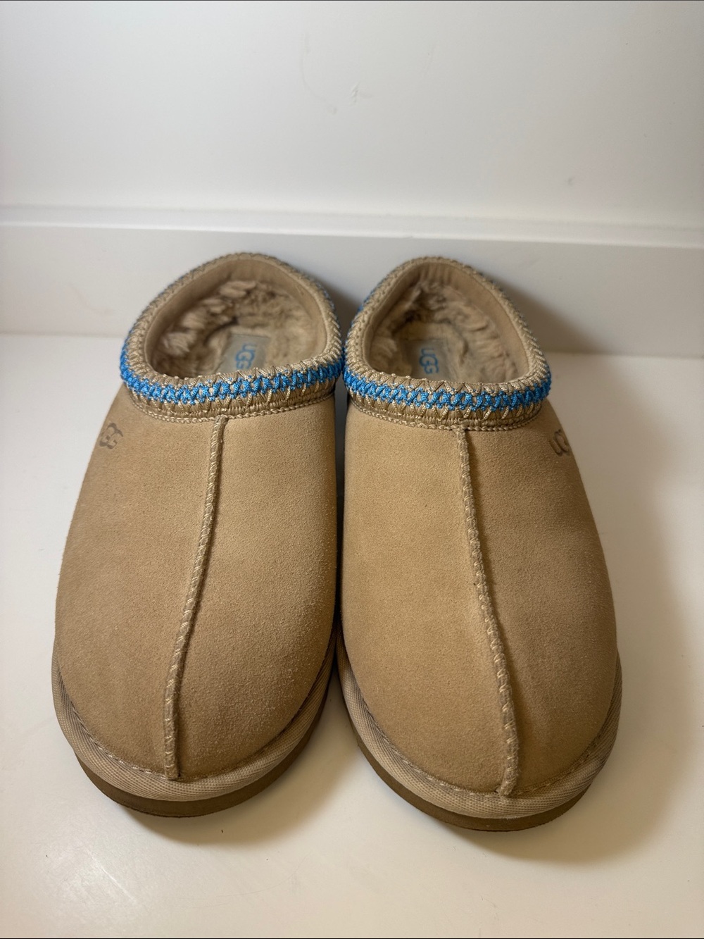 UGG Slip-On Suede Tasman Slippers with Blue Braid Trim - Size 8